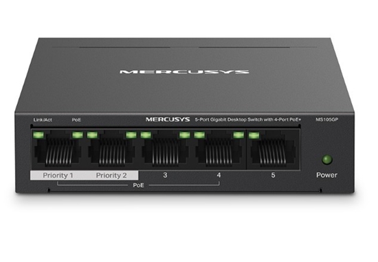 Picture of Przełącznik Mercusys MS105GP 5-Port Gigabit Desktop Switch with 4-Port PoE+          PORT: 4× Gigabit PoE+ Ports, 1× Gigabit Non-PoE Port