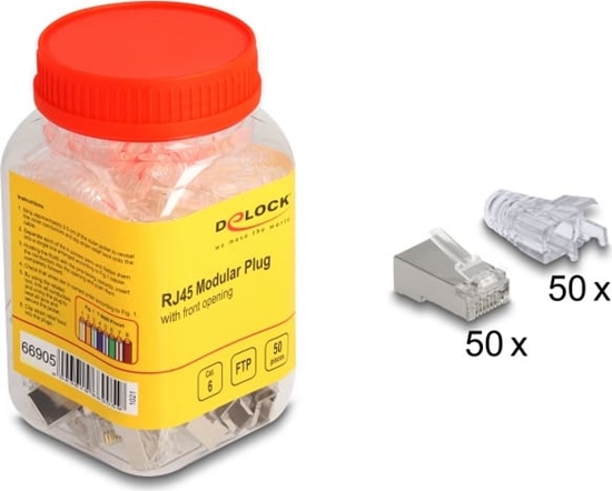 Picture of Delock RJ45 Modular Plug with front opening (easy connect) Cat.6 and bend protection boots 50 pcs set