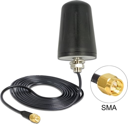 Attēls no Delock WLAN 802.11 b/g/n Antenna SMA Plug 3 dBi omnidirectional with connection cable (RG-174, 3 m) roof mount outdoor black
