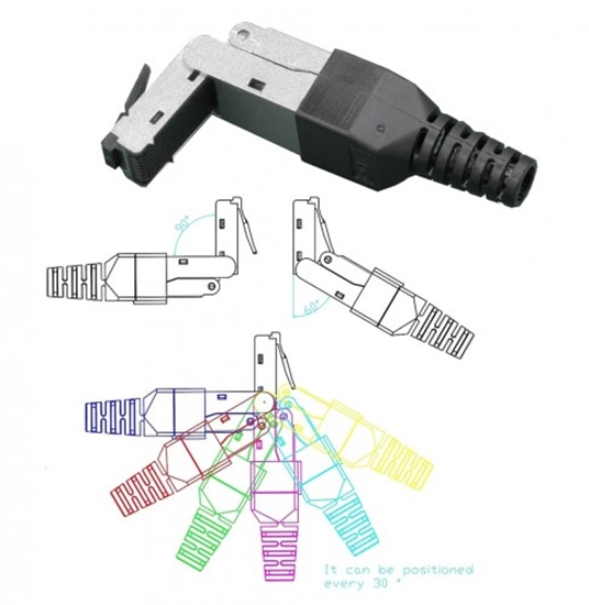 Изображение Pagriežams RJ45 ekranēts modulārs universāls spraudnis | CAT6A/CAT5 | Bezinstrumenta montāžai