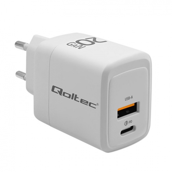 Picture of Qoltec GaN 20W charger| 5-20V | 1.5-3A | 1 x USB-C PD | 1x USB QC 3.0 | White