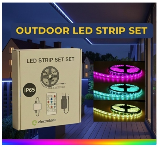 Изображение 5m ārtelpu mitrumizturīgs krāsainas RGB, 12V LED Lentes komplekts ar pulti | 14.4 W/m | IP65