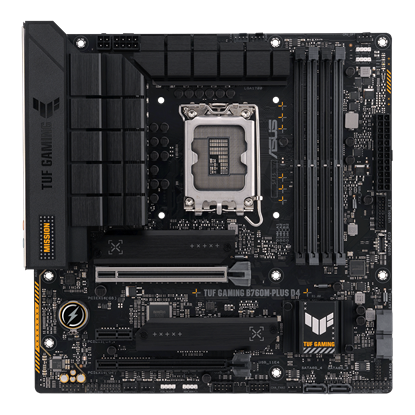 Изображение Asus | TUF GAMING B760M-PLUS D4 | Processor family Intel | Processor socket  LGA1700 | DDR4 DIMM | Memory slots 4 | Supported hard disk drive interfaces 	SATA, M.2 | Number of SATA connectors 4 | Chipset  Intel B760 | mATX