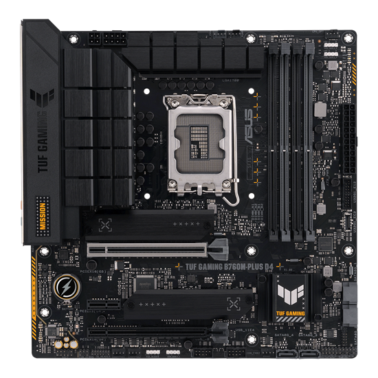 Picture of Asus | TUF GAMING B760M-PLUS D4 | Processor family Intel | Processor socket  LGA1700 | DDR4 DIMM | Memory slots 4 | Supported hard disk drive interfaces 	SATA, M.2 | Number of SATA connectors 4 | Chipset  Intel B760 | mATX