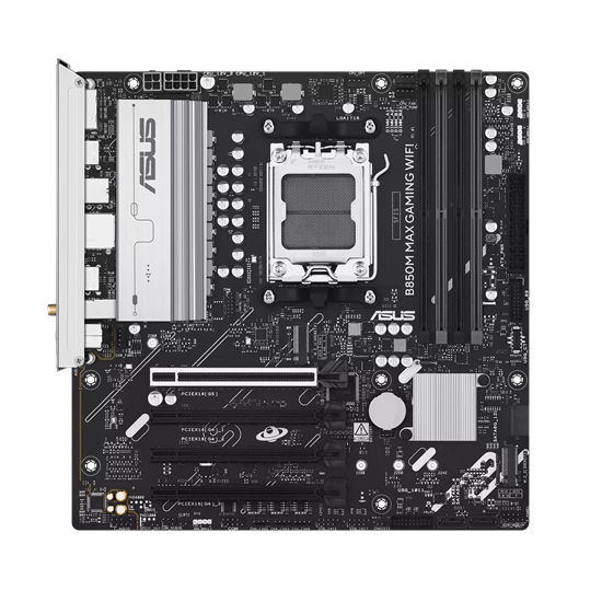 Picture of Asus B850M MAX GAMING WIFI | Processor family AMD | Processor socket AM5 | DDR5 | Supported hard disk drive interfaces SATA, M.2 | Number of SATA connectors 4