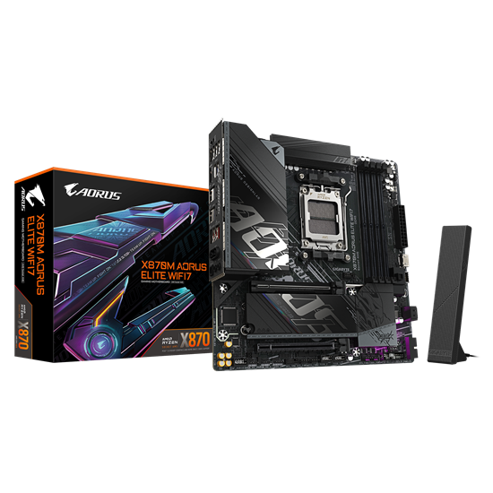 Picture of Gigabyte X870M AORUS ELITE WIFI7 | Processor family AMD | Processor socket AM5 | DDR5 | Supported hard disk drive interfaces SATA, M.2 | Number of SATA connectors 2