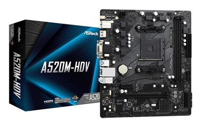 Attēls no Mainboard|ASROCK|AMD A520|SAM4|Micro-ATX|Memory DDR4|Memory slots 2|1xPCI-Express 3.0 1x|1xPCI-Express 3.0 16x|1xM.2|1x15pin D-sub|1xDVI-D|1xHDMI|2xAudio-In|1xAudio-Out|2xUSB 2.0|4xUSB 3.2|1xPS/2|1xRJ45|A520M-HDV