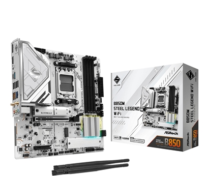 Attēls no Mainboard|ASROCK|AMD B850|SAM5|Micro-ATX|Memory DDR5|Memory slots 4|4xPCI-Express 4.0 4x	|1xPCI-Express 5.0 16x|1xM.2|1xHDMI|1xDisplayPort|1xAudio-In|1xAudio-Out|1xMicrophone|4xUSB 2.0|3xUSB 3.2|1xUSB-C|1xRJ45|B850MSTEELLEGENDWIFI