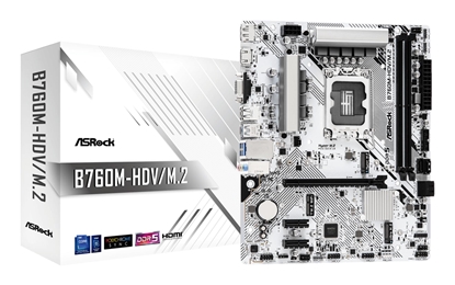 Attēls no Mainboard|ASROCK|Intel B760 Express|LGA1700|Micro-ATX|Memory DDR5|Memory slots 2|2xPCI-Express 3.0 1x|1xPCI-Express 4.0 16x|1xM.2|1x15pin D-sub|1xHDMI|1xDisplayPort|1xAV-In|1xAV-out|1xMicrophone|2xUSB 2.0|3xUSB 3.2|1xUSB-C|1xRJ45|B760M-HDV/M.2
