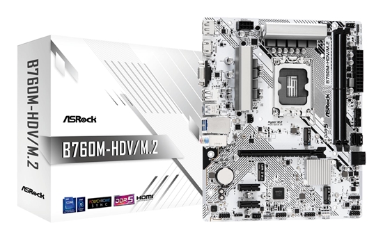 Picture of Mainboard|ASROCK|Intel B760 Express|LGA1700|Micro-ATX|Memory DDR5|Memory slots 2|2xPCI-Express 3.0 1x|1xPCI-Express 4.0 16x|1xM.2|1x15pin D-sub|1xHDMI|1xDisplayPort|1xAV-In|1xAV-out|1xMicrophone|2xUSB 2.0|3xUSB 3.2|1xUSB-C|1xRJ45|B760M-HDV/M.2