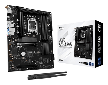 Attēls no Mainboard|ASROCK|Intel B860 Express|LGA1851|ATX|Memory DDR5|Memory slots 4|1xPCI-Express 4.0 16x|1xPCI-Express 5.0 16x|1xM.2|1xHDMI|1xDisplayPort|1xAudio-In|1xAudio-Out|1xMicrophone|2xUSB 2.0|6xUSB 3.2|1xUSB-C|1xRJ45|B860PRO-AWIFI