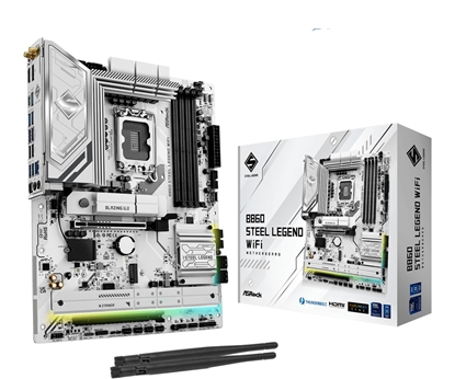 Attēls no Mainboard|ASROCK|Intel B860 Express|LGA1851|ATX|Memory DDR5|Memory slots 4|1xPCI-Express 4.0 16x|1xPCI-Express 5.0 16x|1xM.2|1xHDMI|1xDisplayPort|1xAudio-Out|1xMicrophone|3xUSB 2.0|6xUSB 3.2|1xUSB-C w/Thunderbolt|1xOptical S/PDIF|1xRJ45|B860STEELLEGENDWI