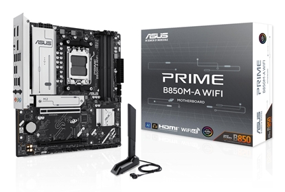 Attēls no Mainboard|ASUS|AMD B850|SAM5|Micro-ATX|Memory DDR5|Memory slots 4|1xPCI-Express 4.0 16x|1xPCI-Express 5.0 16x|3xM.2|1xHDMI|2xDisplayPort|4xUSB 2.0|4xUSB 3.2|1xRJ45|3xAudio port|PRIMEB850M-AWIFI
