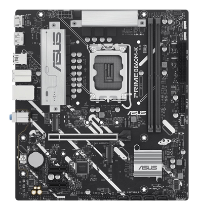 Attēls no Mainboard|ASUS|Intel B860 Express|LGA1851|Micro-ATX|Memory DDR5|Memory slots 2|2xPCI-Express 4.0 1x|1xPCI-Express 4.0 16x|2xM.2|1xHDMI|1xDisplayPort|1xAudio-In|1xAudio-Out|1xMicrophone|3xUSB 2.0|2xUSB 3.0|1xUSB 3.2|1xPS/2|1xRJ45|PRIMEB860M-K
