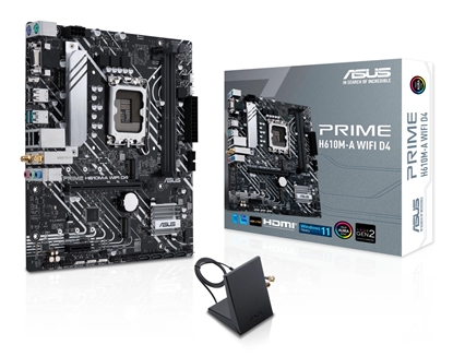 Attēls no Mainboard|ASUS|Intel H610|LGA1700|Micro-ATX|Memory DDR4|Memory slots 2|1xPCI-Express 3.0 1x|1xPCI-Express 4.0 16x|2xM.2|1x15pin D-sub|1xHDMI|1xDisplayPort|2xAudio-In|1xAudio-Out|4xUSB 2.0|2xUSB 3.2|2xPS/2|1xRJ45|2xRF-Out|H610M-AWIFID4