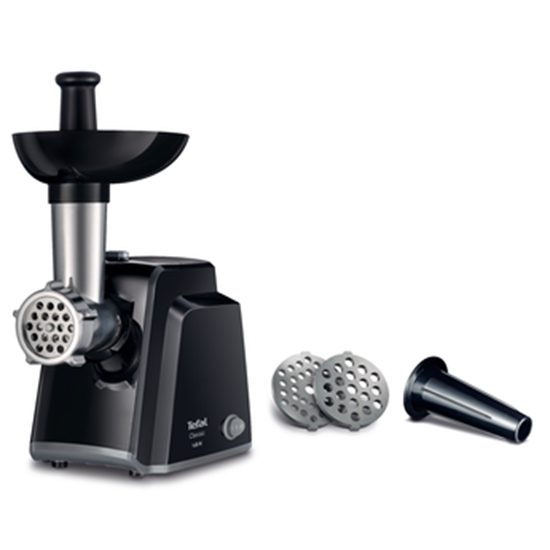 Picture of TEFAL | Meat mincer | NE105838 | Black | 1400 W | Number of speeds 1 | Throughput (kg/min) 1.7 | The set includes 3 stainless steel sieves for medium or coarse grinding.