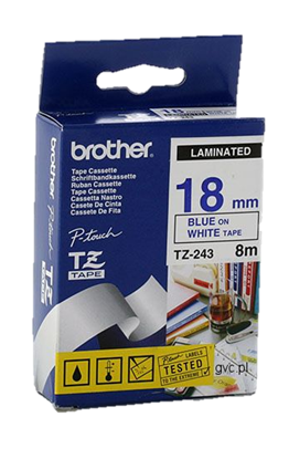 Picture of TZ-243 uzlīmju lente zils uz balta, 18mm ! Neder visiem printeru modeļiem, sk.savietojamos 