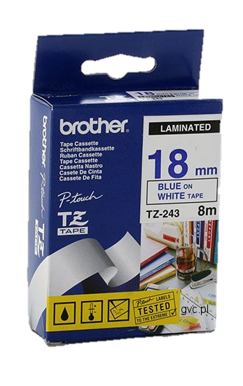 Изображение TZ-243 uzlīmju lente zils uz balta, 18mm ! Neder visiem printeru modeļiem, sk.savietojamos 