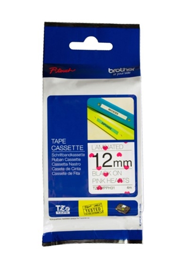 Picture of TZe-MPPH31 dekor.uzlīmju lente, MELNS uz ROZĀ SIRDĪM, 12mm x 4metri
