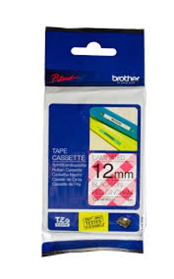 Picture of TZe-MPRG31 dekor.uzlīmju lente, MELNS uz SARKANI RŪTOTU, 12mm x 4metri