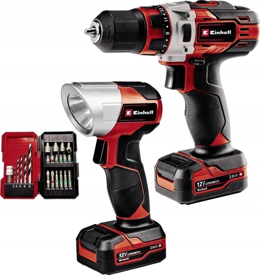 Изображение Wiertarko-wkrtarka Einhell Einhell Cordless Drill TE-CD 12/1 +22+CL, 12V (red/black, 2x Li-Ion battery 2Ah, 22-piece bit and drill set + battery light)