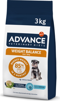 Изображение Advance Vet ADVANCE DOG VETERINARY DIETS WEIGHT BALANCE MINI ir diētiska, pilnvērtiga barība pieaugušiem miniatūra izmēra suņiem ar īpaši izstrādātu sastāvu, kas nodrošina samazinātu metabolizējamo enerģiju pārmērīga ķermeņa svara samazināšanai, un ar zem