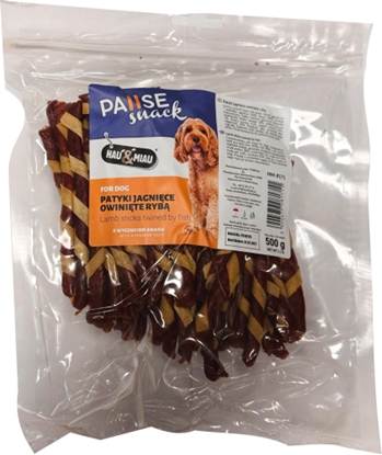 Изображение HAU & MIAU lamb sticks twined by fish, 500 g - papilfdbarība pieaugušiem suņiem, jēra gaļas kociņi aptīti ar zivs strēmelem.