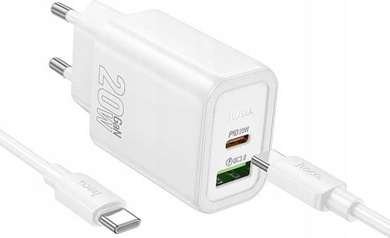 Picture of HOCO adowarka sieciowa USB A + Typ C + kabel Typ C do Typ C PD QC3.0 3A 20W N61 biaa