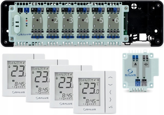 Изображение SALUS StartPack Standar - zestaw przewodowego sterowania ogrzewaniem podogowym bez zarzdzania przez Internet: KL06-M, PL07, 4 x VS30W