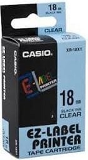 Picture of Casio Tama XR-18X1, czarny druk/przezroczysty podkad, nielaminowany, 8m, 18mm