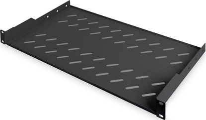 Picture of Digitus | Fixed Shelf for Racks | DN-19 TRAY-1-SW | Black | The shelves for fixed mounting can be installed easy on the two front 483 mm (19“) profile rails of your 483 mm (19“) network- or server cabinet. Due to their stable, perforated steel sheet with 