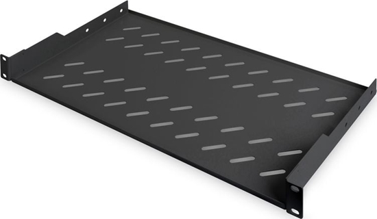 Picture of Digitus | Fixed Shelf for Racks | DN-19 TRAY-1-SW | Black | The shelves for fixed mounting can be installed easy on the two front 483 mm (19“) profile rails of your 483 mm (19“) network- or server cabinet. Due to their stable, perforated steel sheet with 