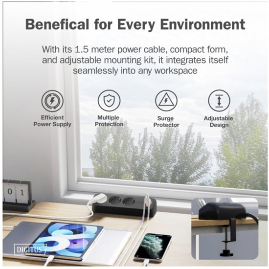 Picture of Digitus 3-way office socket strip with 2x USB-A and 1x USB-C connections, black