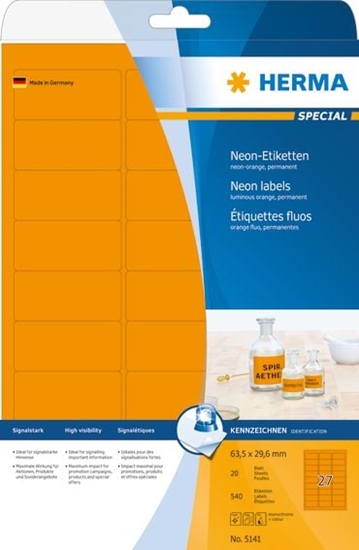 Picture of Herma Etiketten A4 neon-orange 63,5x29,6 mm Papier 540 St.