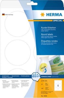 Attēls no Herma Etykiety odklejalne 5068 Movables, A4, okrge, Ø 85 mm, biae, papier matowy, 150 szt. (5068)