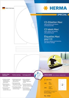 Picture of Herma Etykiety samoprzylepne Maxi 4460, A4, na CD, biae, okrge, Ø 116 mm, papier matowy, 200 szt (4460)