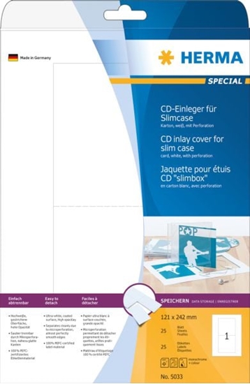 Изображение Herma Wkadki kartonowe 5033, A4, do opakowa na pyty CD i DVD, biae, bez kleju, 121 x 242 mm, typ slimcase, 25 szt (5033)