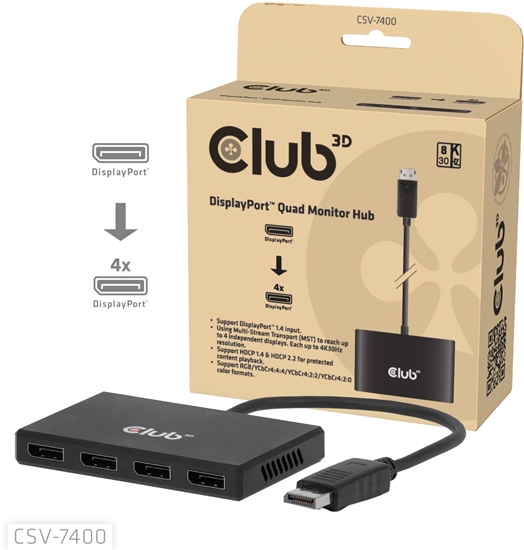 Изображение HUB USB Club 3D hub MST (Multi Stream Transport) DisplayPort 1.4 na 4x DisplayPort, Quad monitor, 4x 4K30Hz, 8K30Hz
