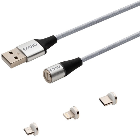 Picture of Kabel USB Savio USB-A - USB-C + microUSB + Lightning Srebrny Magnetyczny (CL-156)