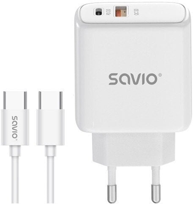 Attēls no Lādētājs SAVIO Wall Charger 20 W 1× USB-A, 1× USB-C with USB-C 1m cable