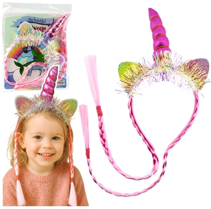 Изображение LeanToys Opaska Do Wosów Jednoroec Róg Uszy Warkocze Róowa