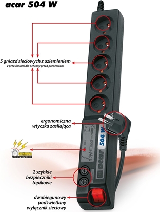 Изображение Listwa zasilajca Acar 504W przeciwprzepiciowa 5 gniazd 1.8 m czarna (W0069)