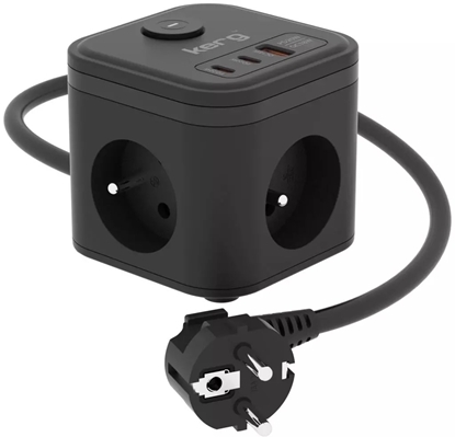 Изображение Listwa zasilajca Kerg Kostka zasilajca 3-gniazdowa + szybka adowarka USB-A+USB-C 1,5m 3×1,5mm2 H05VV-F 16A/250V~ Smart czarna