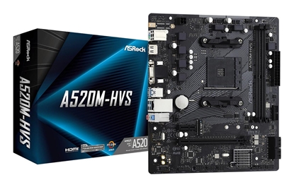 Attēls no Mainboard|ASROCK|AMD A520|SAM4|Micro-ATX|Memory DDR4|Memory slots 2|1xPCI-Express 3.0 1x|1xPCI-Express 3.0 16x|1xM.2|1x15pin D-sub|1xHDMI|2xAudio-In|1xAudio-Out|2xUSB 2.0|4xUSB 3.2|1xPS/2|1xRJ45|A520M-HVS