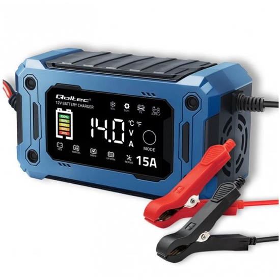 Picture of Mikroprocesorowa ładowarka 12V 15A | Prostownik z funkcją naprawy i podtrzymania zasilania podczas wymiany akumulatora | do AGM GEL LiFePO4 |   LCD 