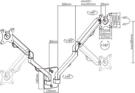Изображение Monitora stiprinājums Gembird Adjustable Wall 2-display Mounting Arm 17”-27”