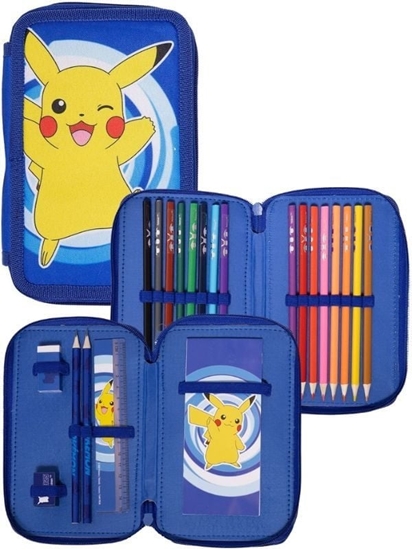 Picture of POKÉMON 2-compartment filled pencil case, 300D polyester, 19.5 x 12.5 x 5 cm Contents: 15 cm ruler w/4 col.sticker, 2 triangular sharpened pencils, 1 sharpener, 1 eraser, 1 notepad 20 pages, 16 triangular sharpened colour pencils.