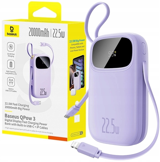 Picture of Powerbank Baseus Powerbank EnerFill FC21 Qpow 3 20000mAh 22.5W z wywietlaczem cyfrowym z doczonym kablem - fioletowy