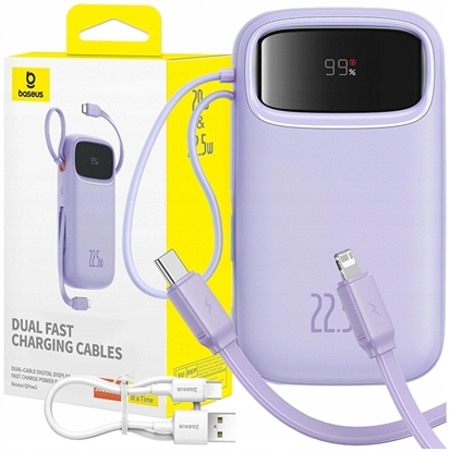 Picture of Powerbank Baseus Powerbank Qpow2 20000mAh 22,5W z podwójnym kablem z cyfrowym wywietlaczem kabel Simple USB-C 3A 0,3m (biay) - fioletowy