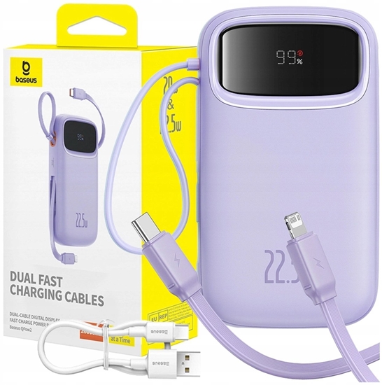 Picture of Powerbank Baseus Powerbank Qpow2 20000mAh 22,5W z podwójnym kablem z cyfrowym wywietlaczem kabel Simple USB-C 3A 0,3m (biay) - fioletowy